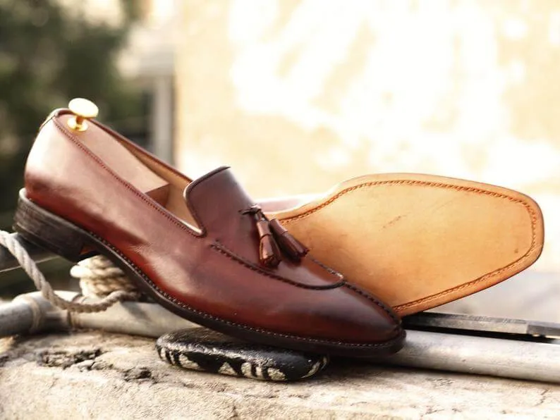 Awesome Handmade Men's Brown Leather Split Toe Tassel Loafers, Men Dress Formal Shoes