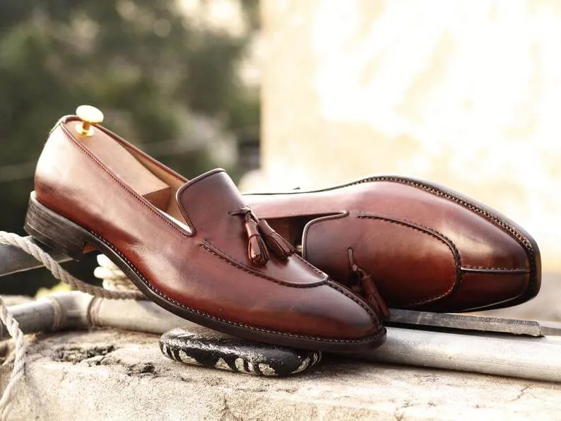 Awesome Handmade Men's Brown Leather Split Toe Tassel Loafers, Men Dress Formal Shoes