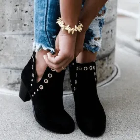 Black High Chunky Heel Round Toe Ankle Boots