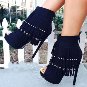 Black Platform Peep Toe Fringe High Heel Sandals