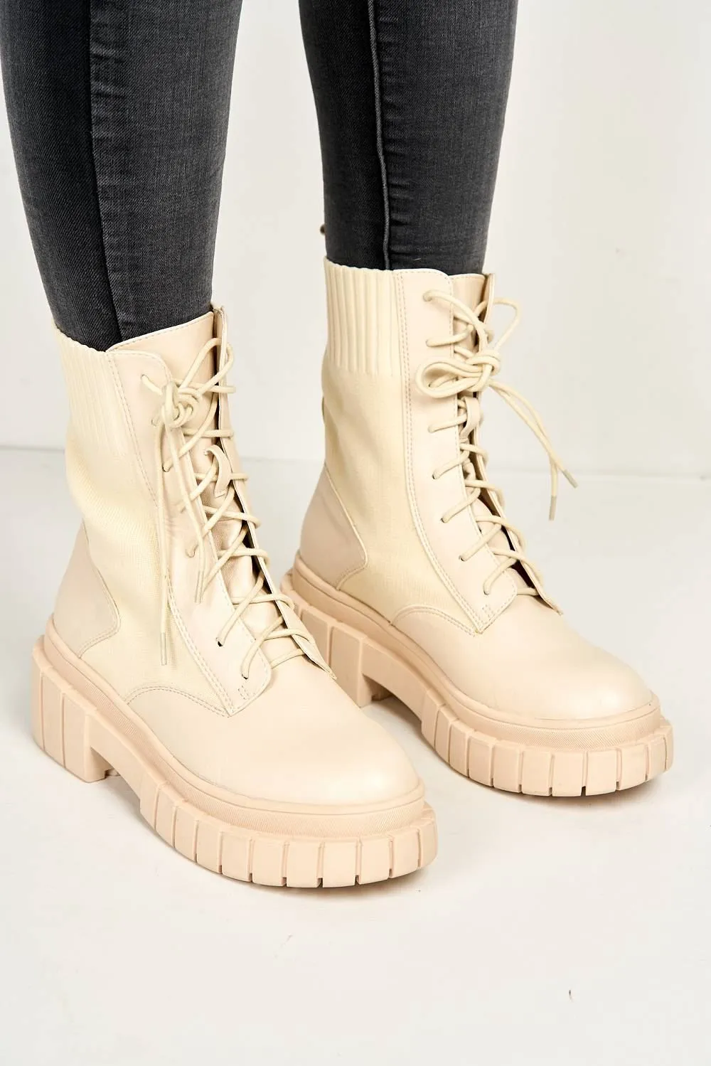 Carrie Chunky Lace-up Ankle Boots in Cream