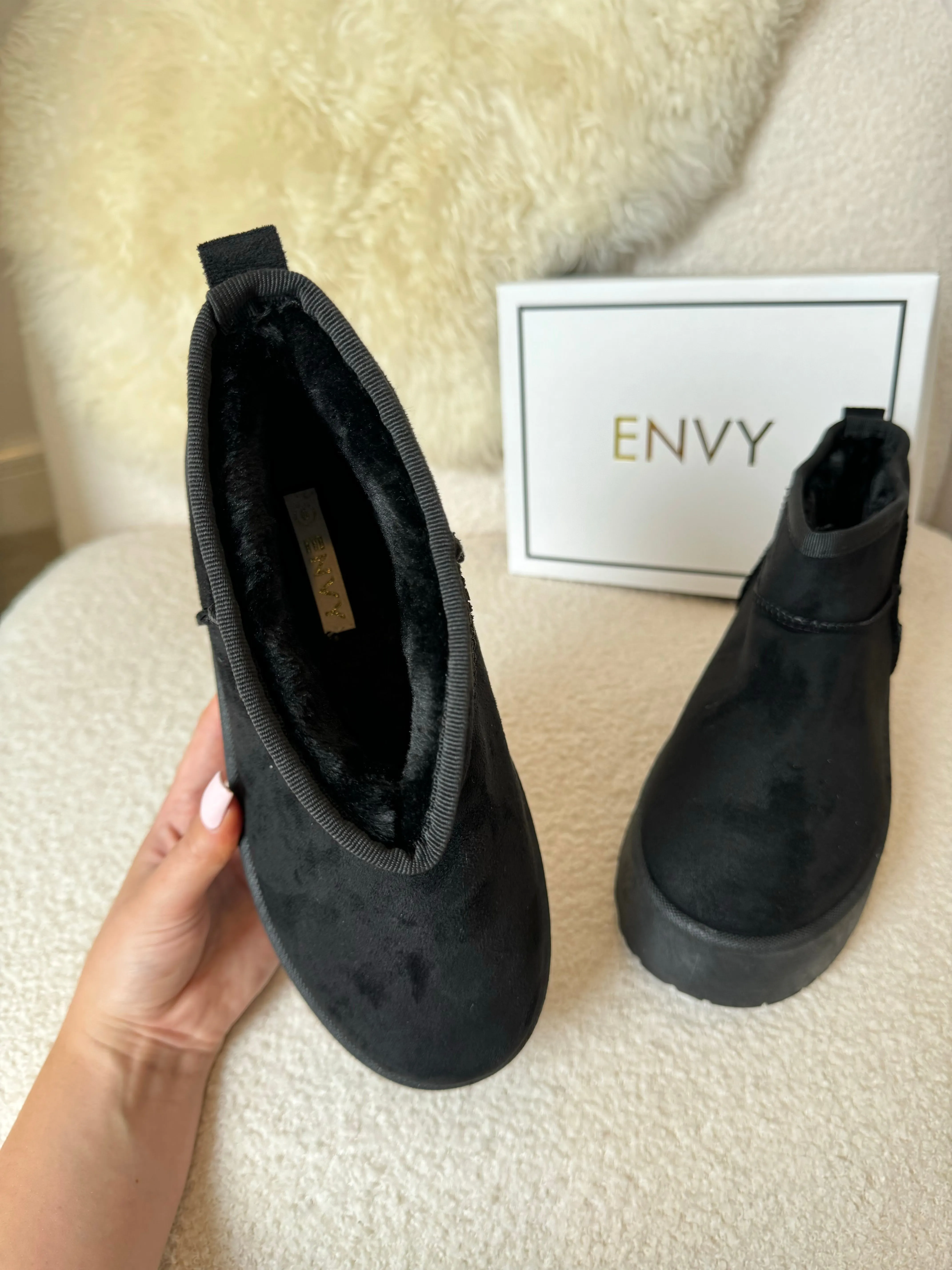 DARCY BLACK ULTRA PLATFORM ANKLE SLIPPER BOOTS