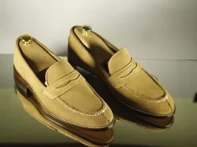 Handmade Men's Beige Split Toe Suede Penny Loafers, Men Designer Dress Luxury Shoes