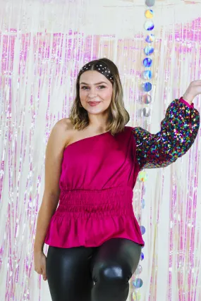 Hooked On You Magenta One Shoulder Sparkly Top