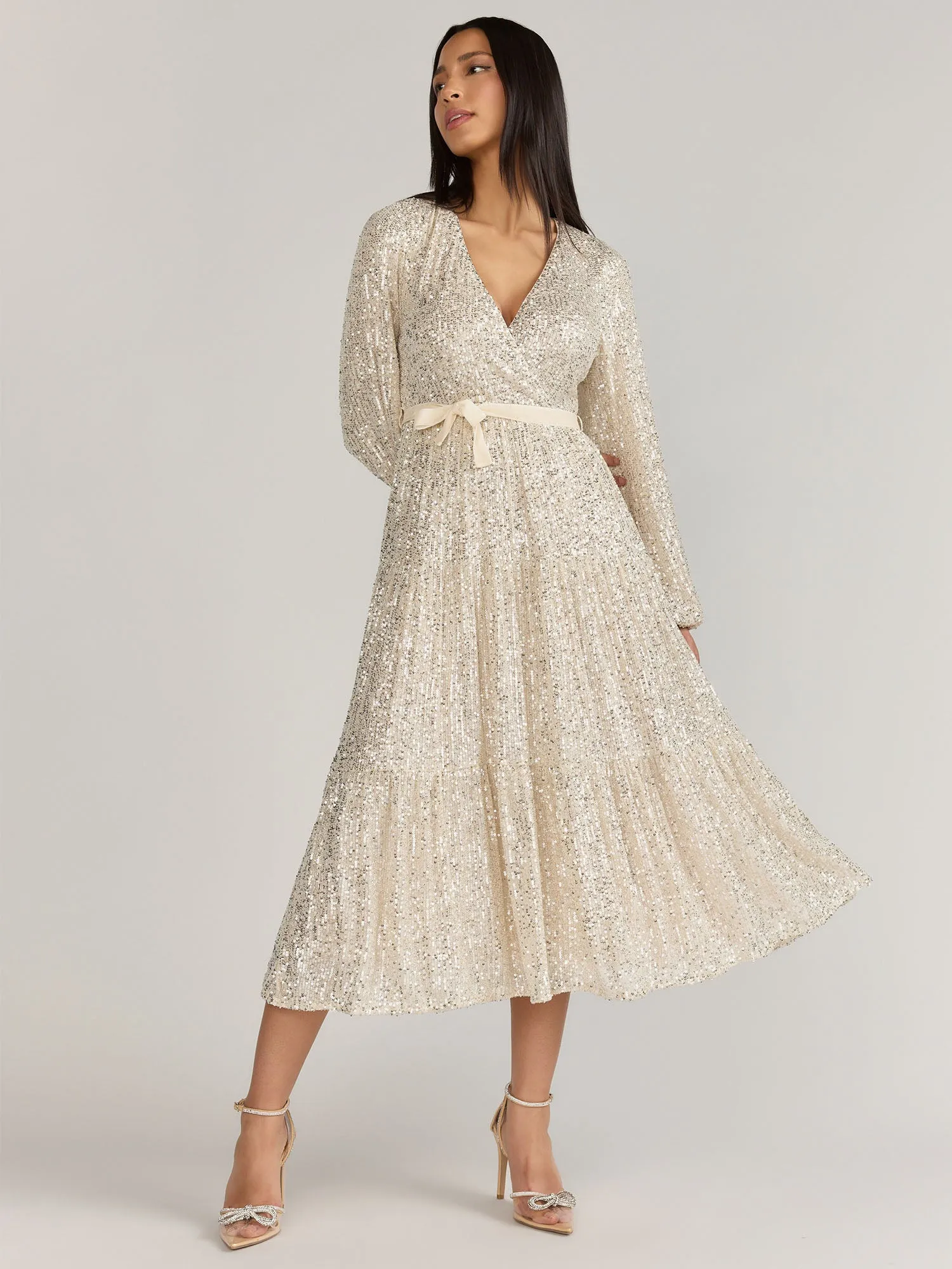 Just Me Tiered Sequin Wrap Dress - Brands We Love