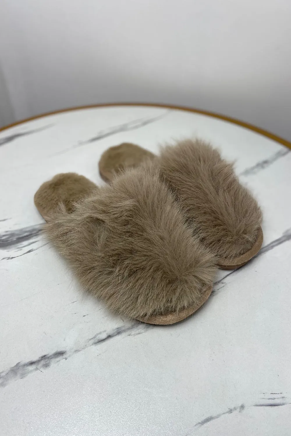 KHAKI EXTREME FAUX FUR FLUFFY SLIPPERS (PACK OF 12 PAIRS)