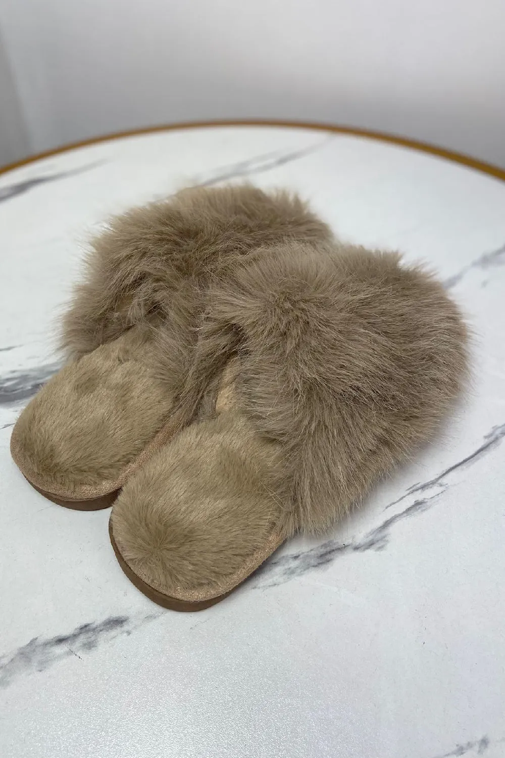 KHAKI EXTREME FAUX FUR FLUFFY SLIPPERS (PACK OF 12 PAIRS)