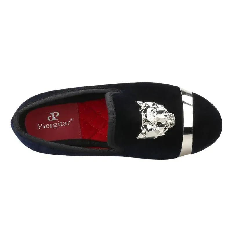 Kids Loafers Velvet Navy Delight: Handmade Children's Loafers with Silver Buckle