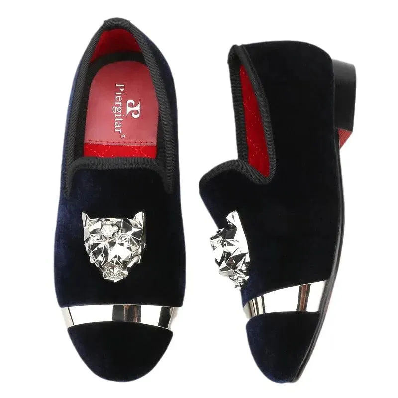 Kids Loafers Velvet Navy Delight: Handmade Children's Loafers with Silver Buckle