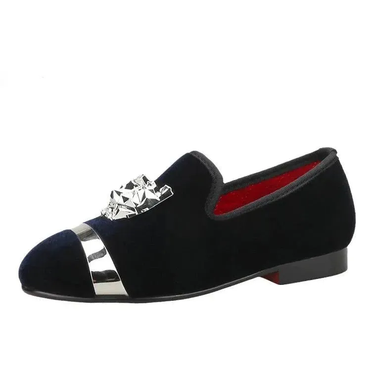 Kids Loafers Velvet Navy Delight: Handmade Children's Loafers with Silver Buckle