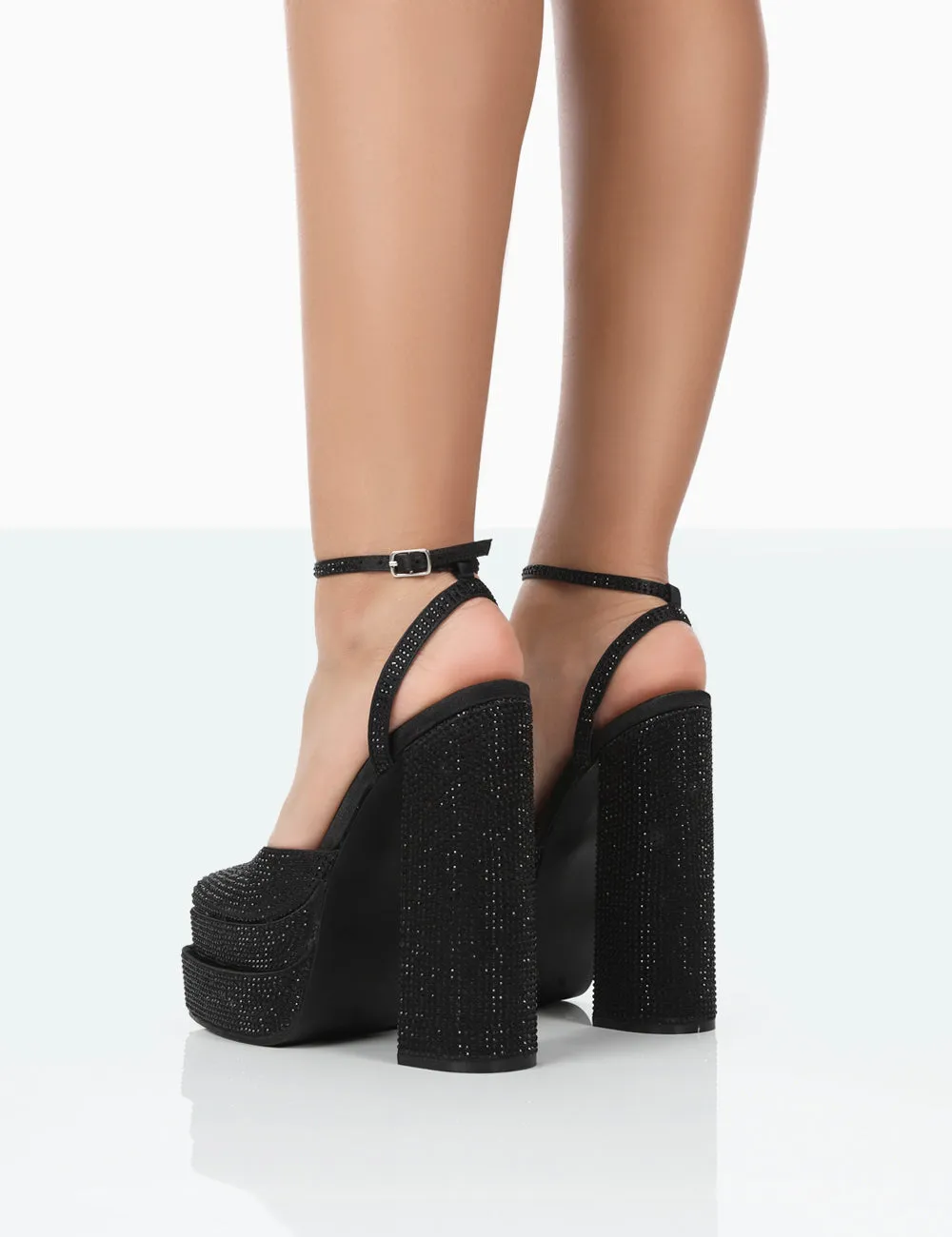 Moonchild Black Sparkly Diamanté Satin Closed Toe Platform Block Heels