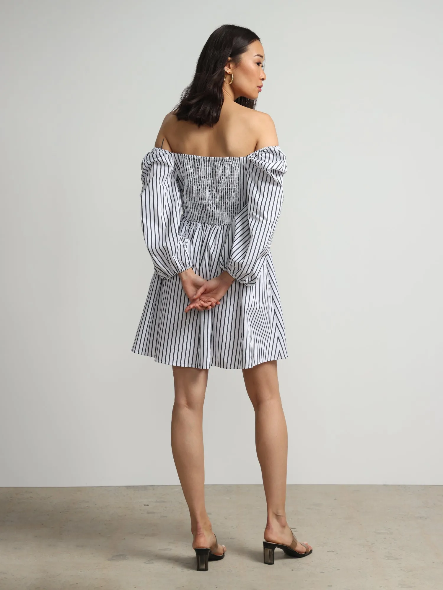 Off-The-Shoulder Pinstripe Puff-Sleeve Dress