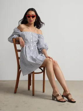 Off-The-Shoulder Pinstripe Puff-Sleeve Dress