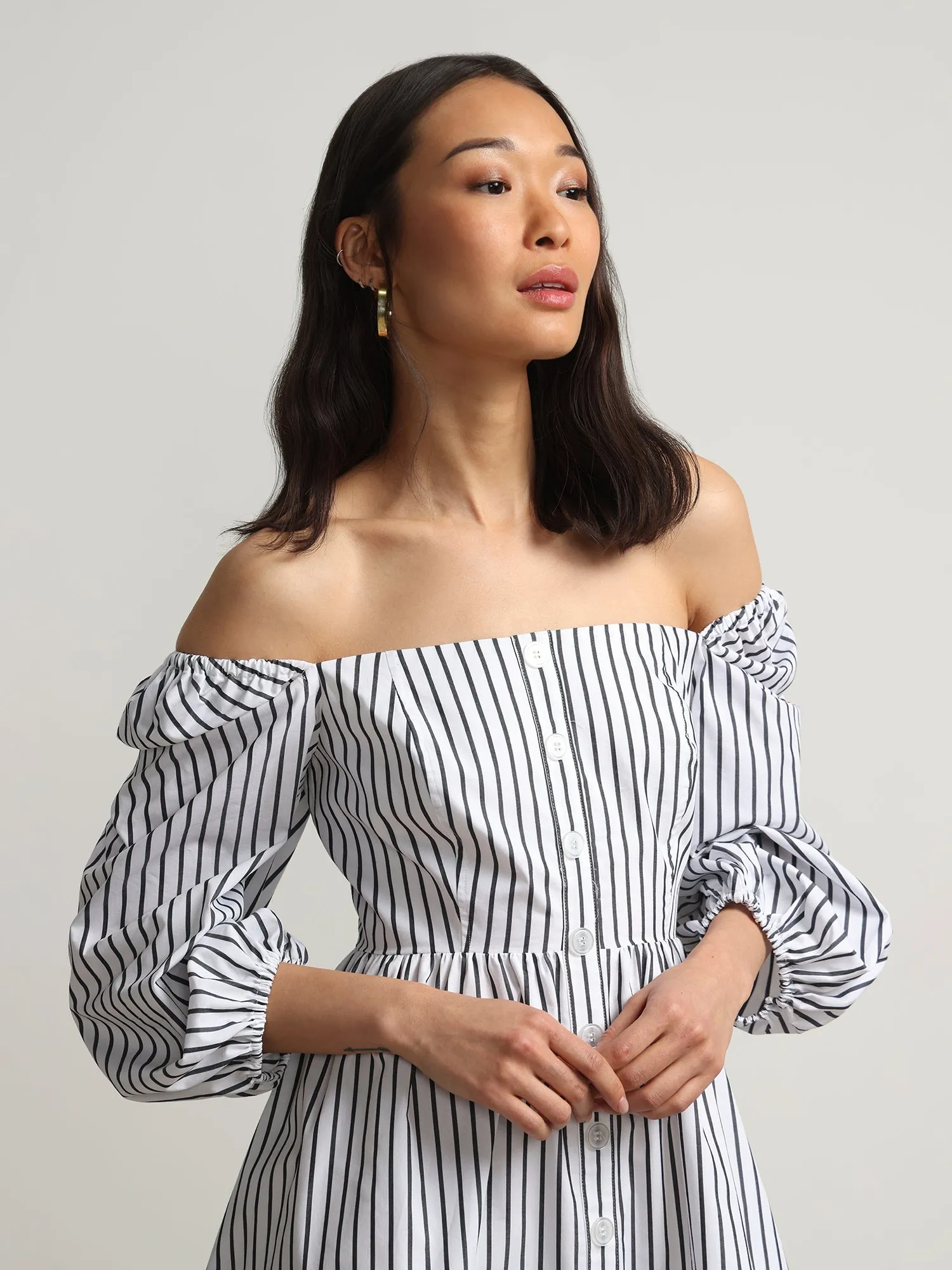 Off-The-Shoulder Pinstripe Puff-Sleeve Dress