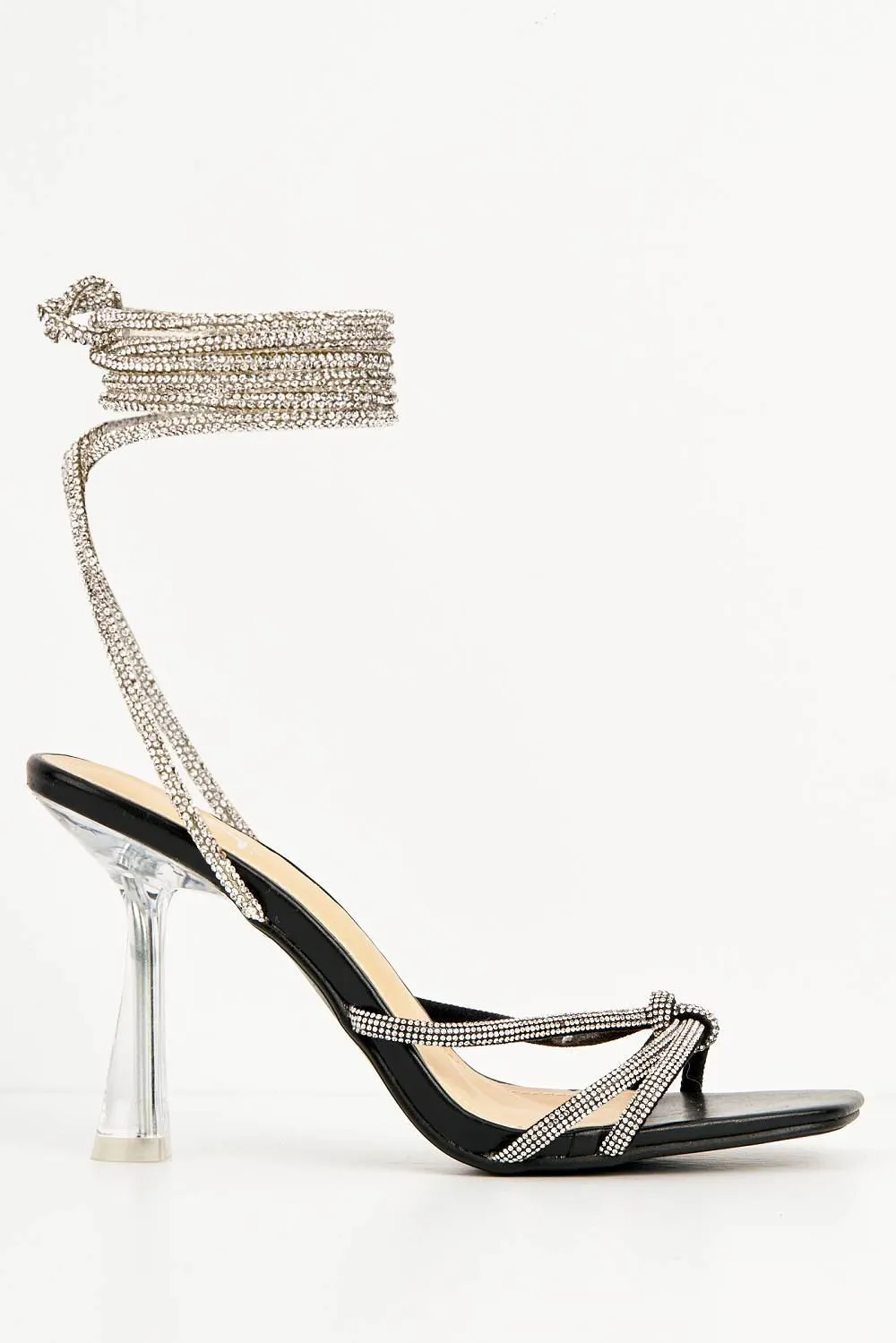 Rama Diamante Embellished Lace-up Heels with Knot Detail in Black