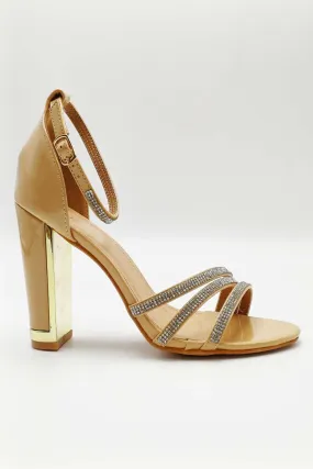 Theda Block Heel Diamante Embellished Ankle Strap Sandals in Nude